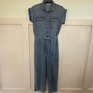 Given Kale Denim Jumpsuit Women’s Small Belted Short Sleeve 100% Cotton Buttons